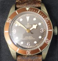 Gents Tudor Bay Heritage chronometer wristwatch with bronze and brown dial, leather strap, serial