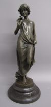 Bronze figure of lady with flower on marble base - signed Pittaluga - approx. 34cm tall