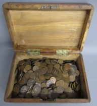 Wooden box containing large amount of mostly pennies and half penny coins includes - George VI,