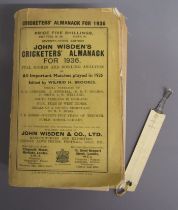 John Wisden's Cricketers' Almanack for 1936 - cricket bat bookmark inside string broken