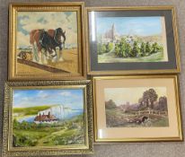 3 gilt framed paintings of horses & landscapes & a print