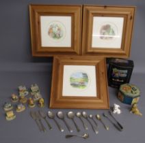 3 pine framed Winnie the Pooh prints, Basset's Allsorts and Bluebird Confectionary tins, Beswick