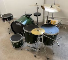 Natal drum kit comprising ride cymbal, floor tom tom x 2, small tom tom, floor base drum with pedal,