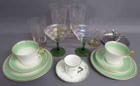 Pair of Shelley 781613 green Art Deco trios, Foley Arts Peacock Pottery cup and saucer, Safe-Tee Way