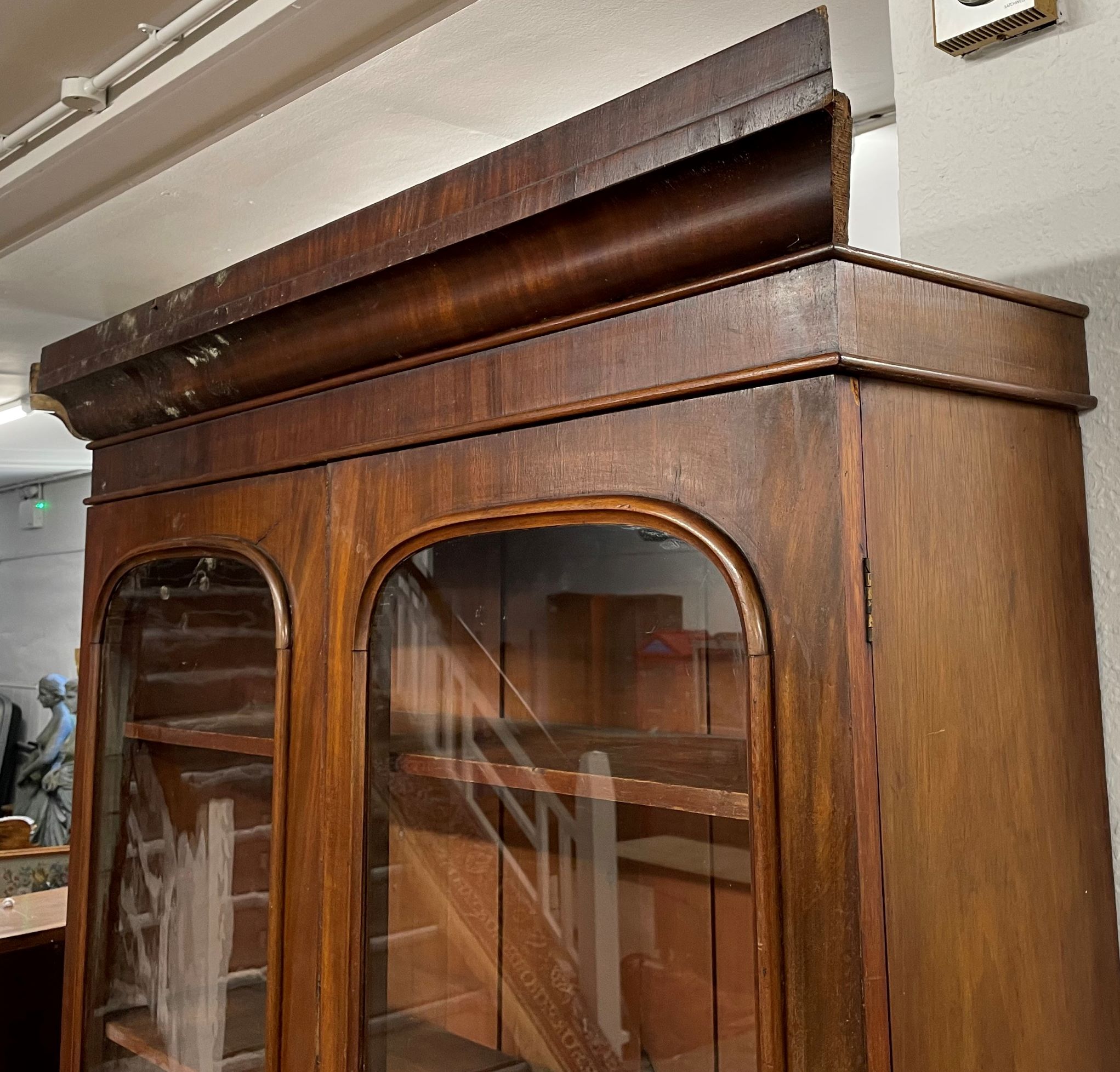 Victorian mahogany display bookcase (side of pediment requires re-attaching) Ht 230cm W 122cm D - Image 2 of 4