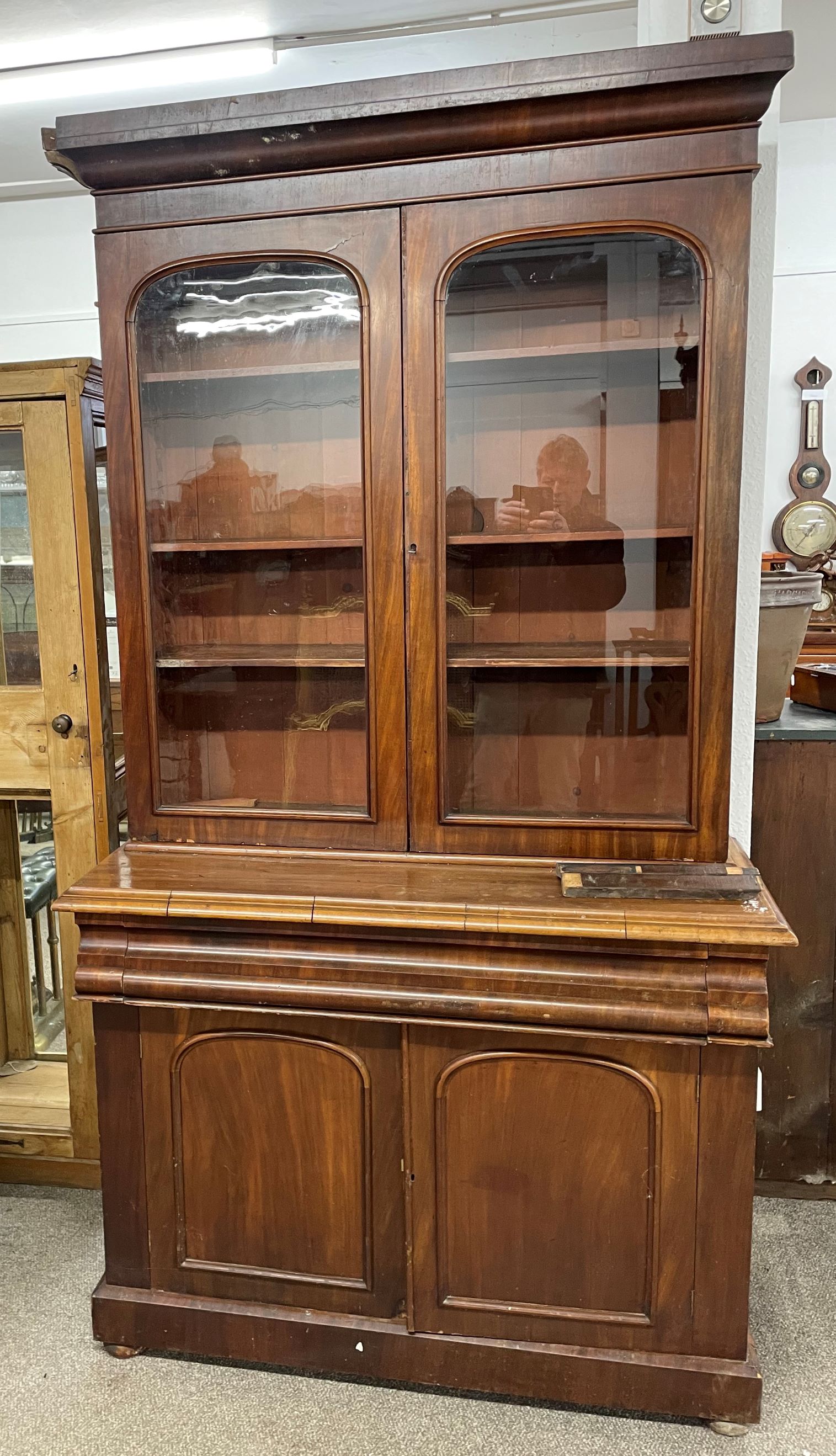 Victorian mahogany display bookcase (side of pediment requires re-attaching) Ht 230cm W 122cm D