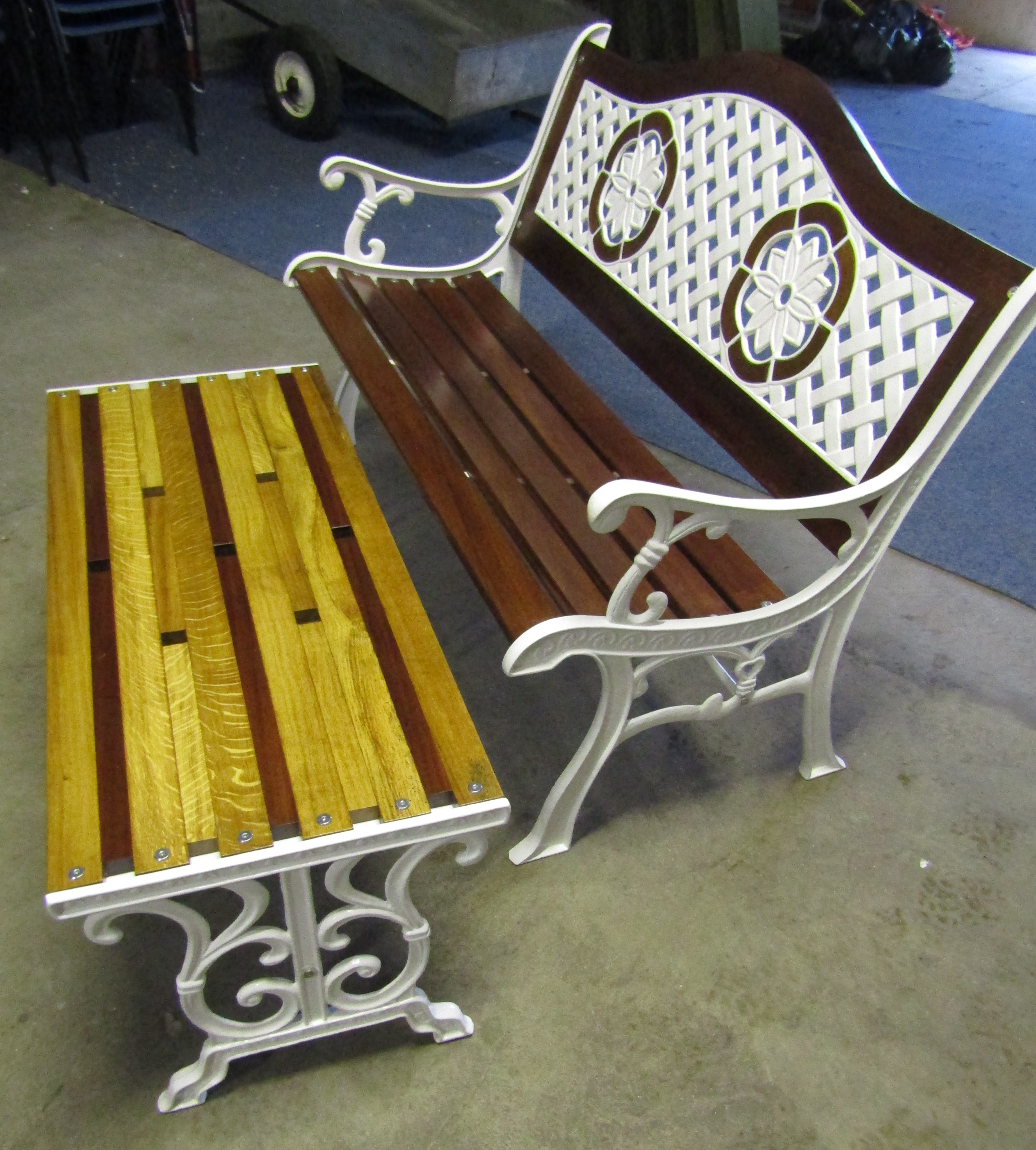 Cast iron bench and coffee table - has been grit blasted and powder coated and wood has been - Image 2 of 5