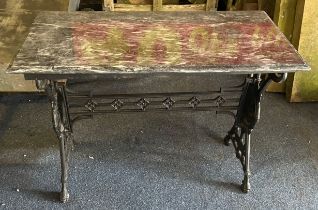 Early 20th century cast iron pub table with marble top & cast with a portrait of Edward VI Top