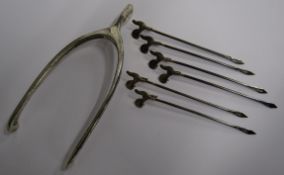 J Batson & Son 1904 silver wishbone sugar tongs / nips and set of 6 Adolph Scott 1930 cocktail