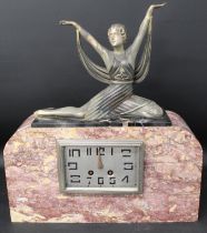 French Art Deco marble clock surmounted by female figure with raised arms (no glass to clock