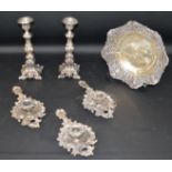 3 Italian silver chamber sticks (marked 800), pair of candlesticks marked 3 VC 800 & Italian