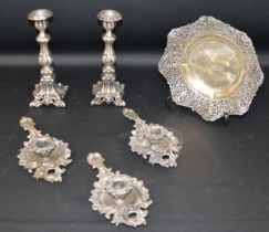 3 Italian silver chamber sticks (marked 800), pair of candlesticks marked 3 VC 800 & Italian