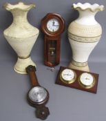Regulator A wall clock, barometer and clock duo and an oak mounted barometer and 2 large modern