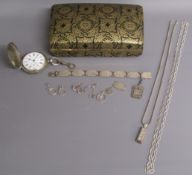 H.J Darracott silver pocket watch, silver bracelet with Paris pendant, silver ingot with white metal