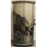 Large Thomasville Furniture oval drinks cabinet decorated with French street scene missing two