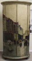Large Thomasville Furniture oval drinks cabinet decorated with French street scene missing two