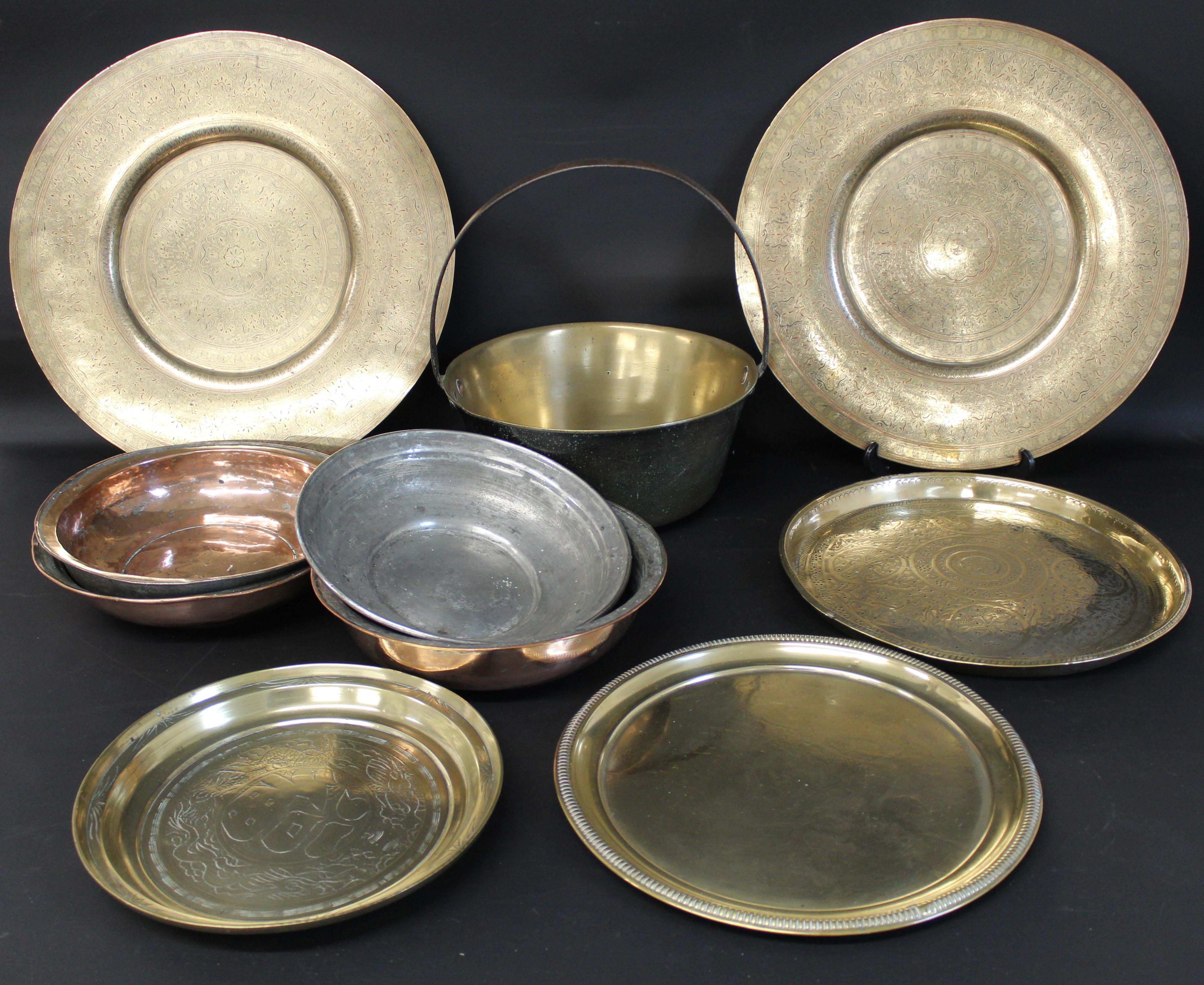 Brass jam pan, 2 Middle Eastern brass chargers & selection of further copper & brass bowls / plates