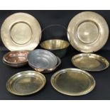 Brass jam pan, 2 Middle Eastern brass chargers & selection of further copper & brass bowls / plates