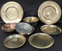 Brass jam pan, 2 Middle Eastern brass chargers & selection of further copper & brass bowls / plates