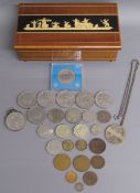 Musical box containing a selection of coins - includes 1977 Jubilee mounted coin, half crown, two