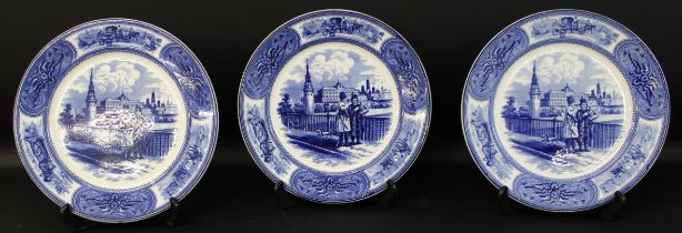 3 blue and white plates depicting Russian scenes with impressed Wedgwood & DFH marks and