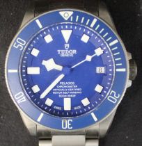 Gents Tudor Pelagos chronometer stainless steel wristwatch with blue dial, titanium bracelet, serial