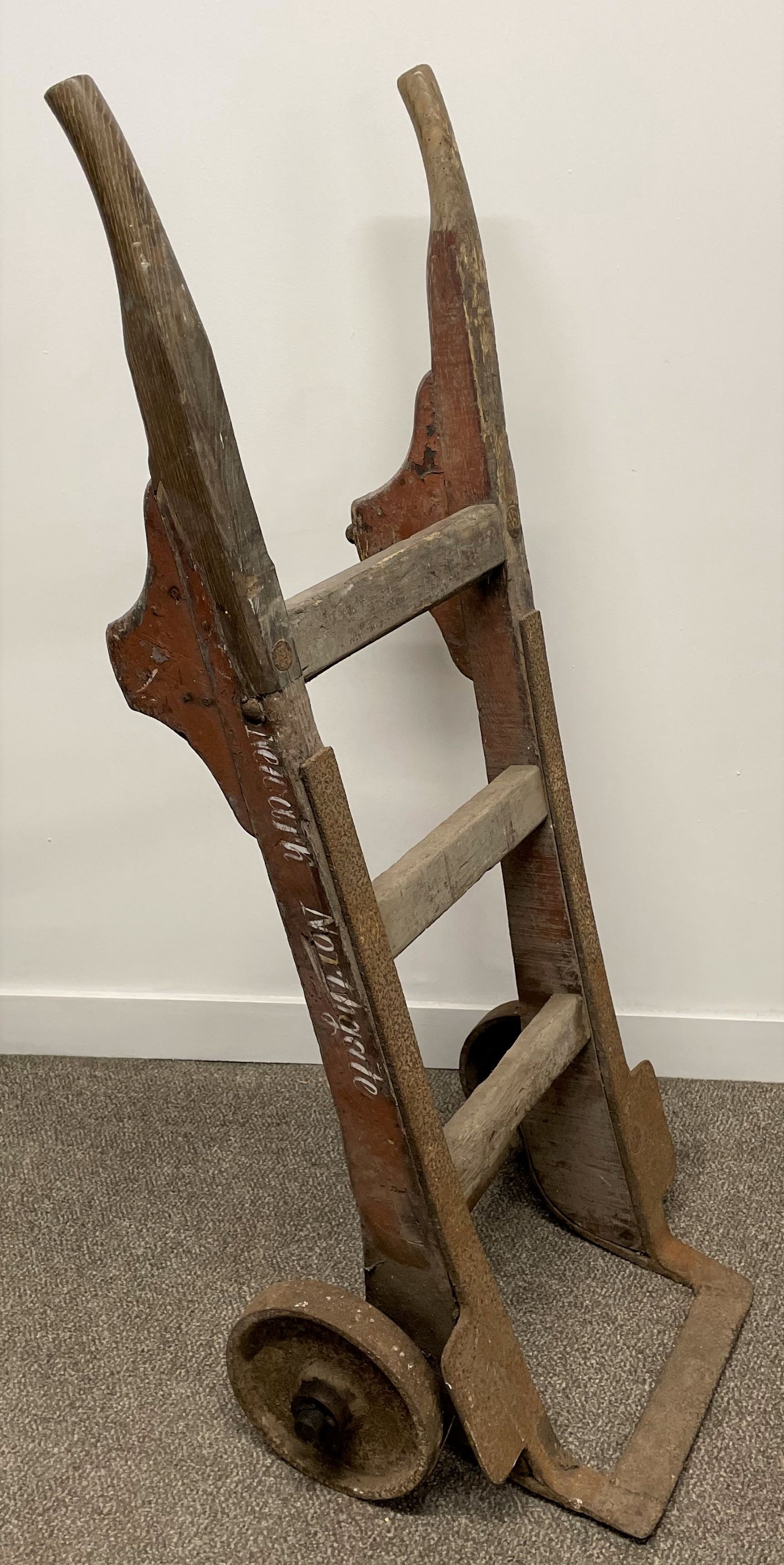 Vintage heavy duty sack barrow on cast iron wheels 'Newark Northgate'. Some old woodworm evident