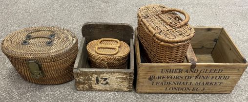 3 small wicker baskets, wooden Usher & Gleed herb box & a small wooden drawer