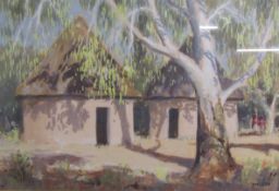 Watercolour on paper depicting mud huts in the shade of a tree, signed 'Engela' (South African