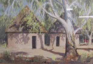 Watercolour on paper depicting mud huts in the shade of a tree, signed 'Engela' (South African