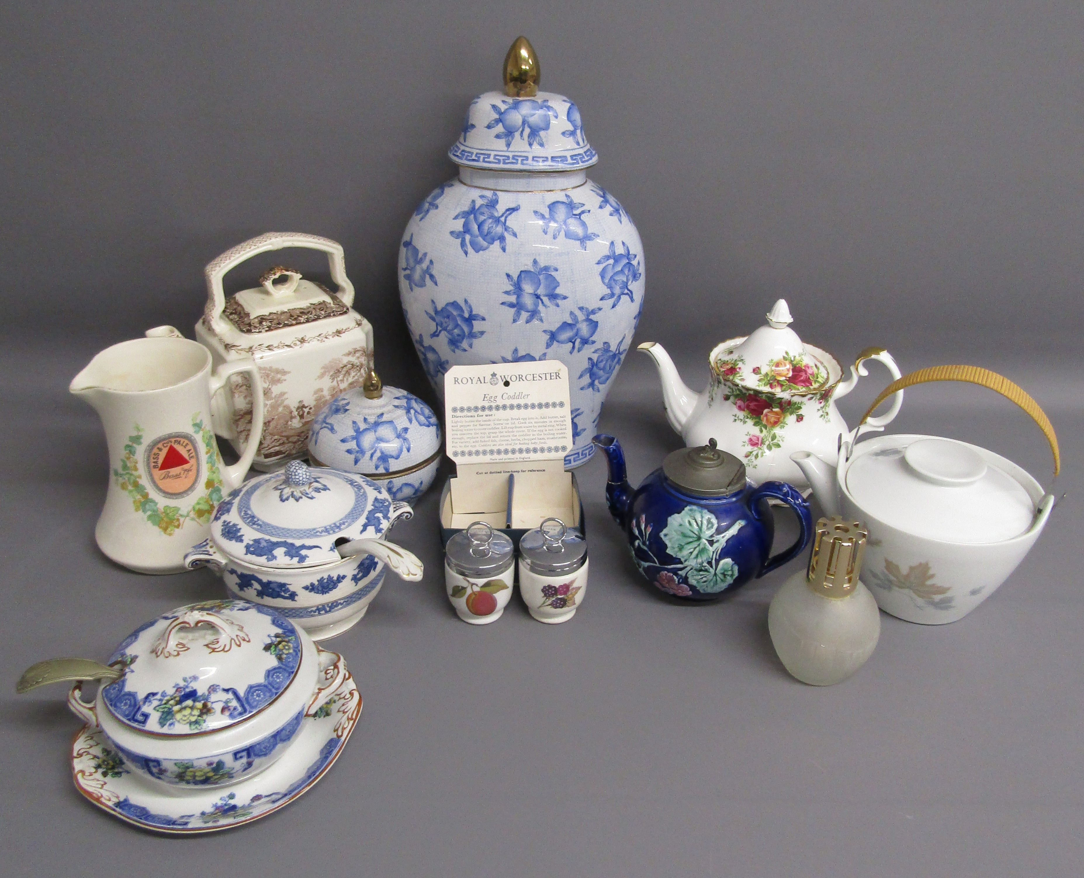 Collection of ceramics to include Bass water jug, Salisbury and Booths tureen, Royal Worcester egg