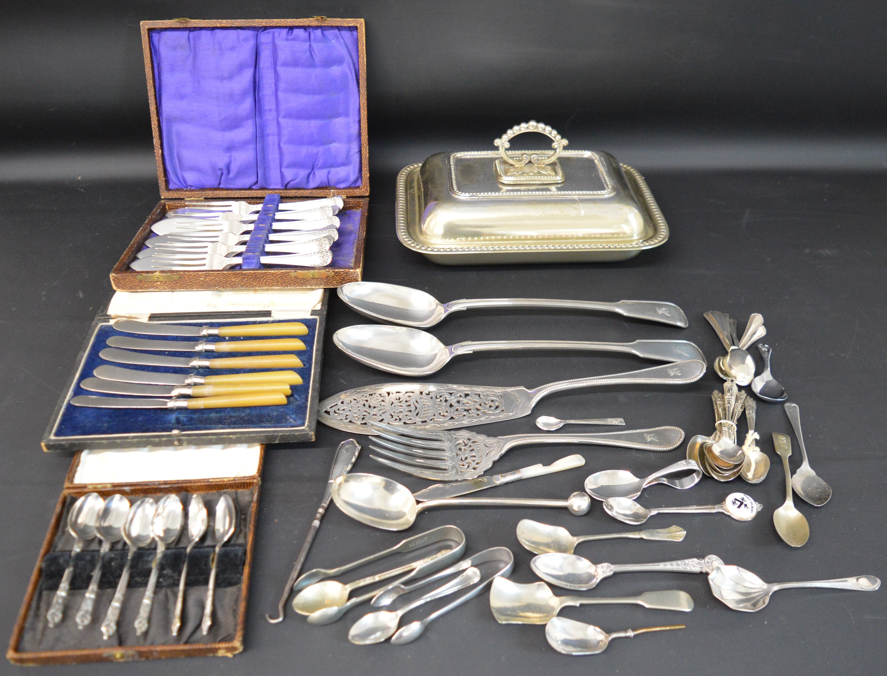 Pair of Victorian silver plated basting spoons, set of fish servers, entrée dish & lid & selection