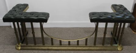 Brass club fender with green buttoned leather seat pads, internal dimensions 38.5cm d x 126cm w