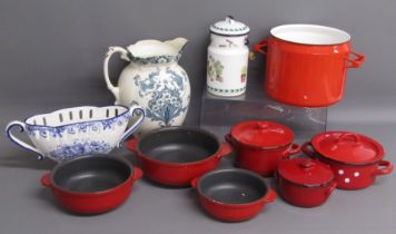 Collection of items includes Piral Italian terracotta cooking pots, enamelled cooking pots, Villeroy