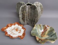 Large studio pottery vase, art pottery naturalistic dish and Kutani leaf design plate