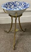 Small Victorian brass washstand with a blue & white bowl