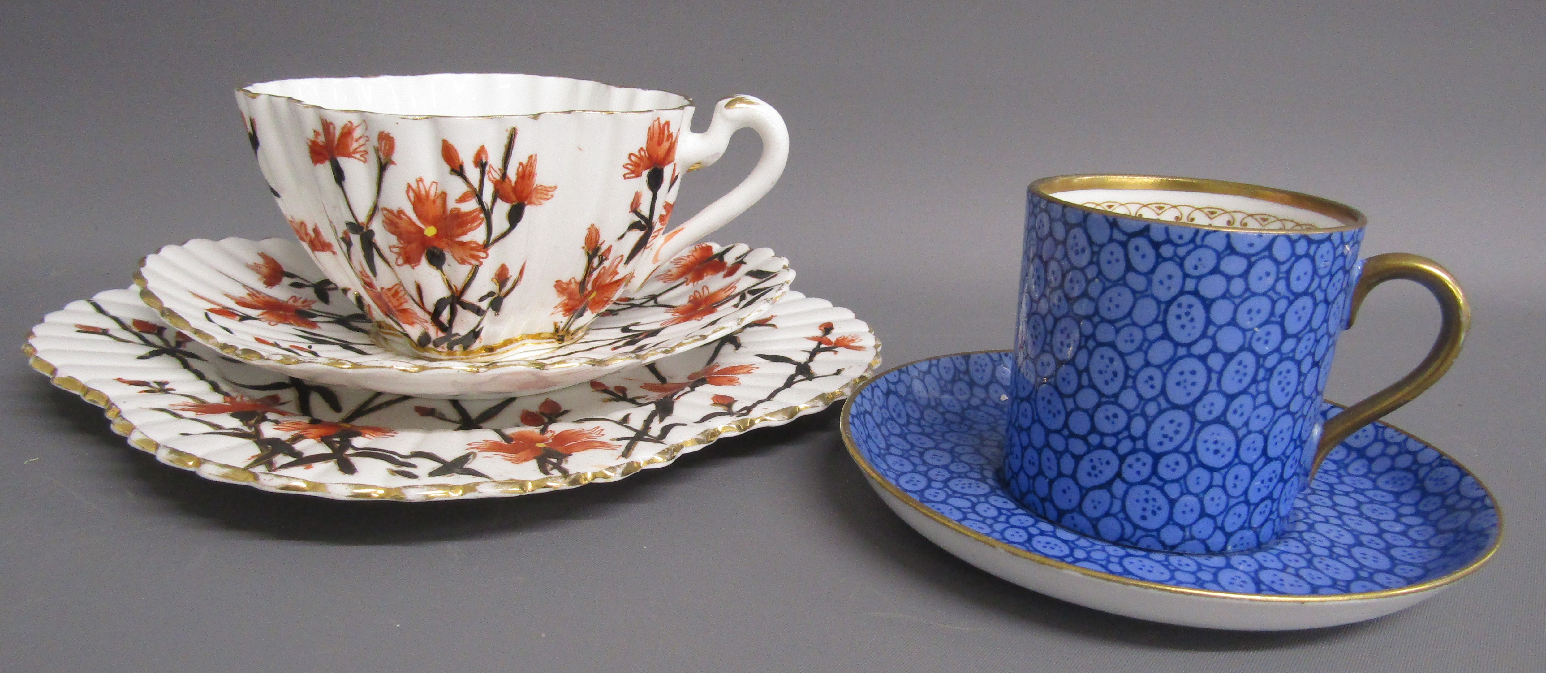 Shelley Wileman 'Cornflower' trio 60650 3730 and Foley cup and saucer in blue and gold design