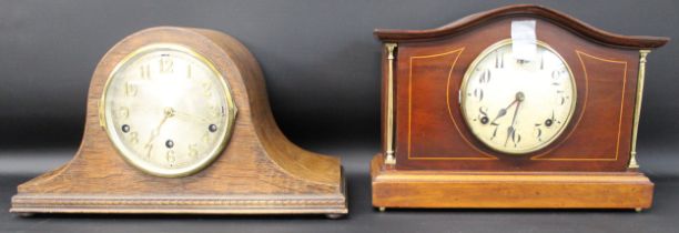 Oak Westminster chime mantel clock (chiming train jammed) & mahogany mantel clock with brass pillars