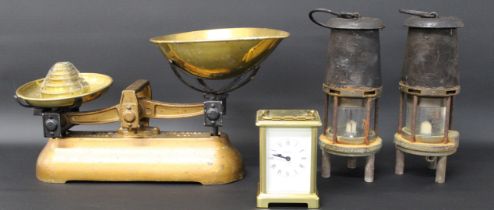 Set of Avery scales & brass weights, two Wolf miners safety lamps (with electric ignition) & Baynard