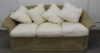 Rattan conservatory sofa with off-white fitted & scatter cushions, 165cm w x 64cm h x 80cm d