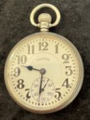 Illinois Watch Co. 60 hour Bunn Special in a silver case with screw face, chip to enamel dial,