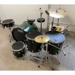 Natal drum kit comprising ride cymbal, floor tom tom x 2, small tom tom, floor base drum with pedal,