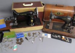 Singer 99k electric sewing machine with extra feet, handmade brass weights etc also a hand crank