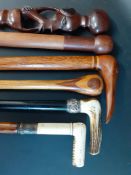 Selection of walking sticks including horn handle with silver collar & carved bone handled stick