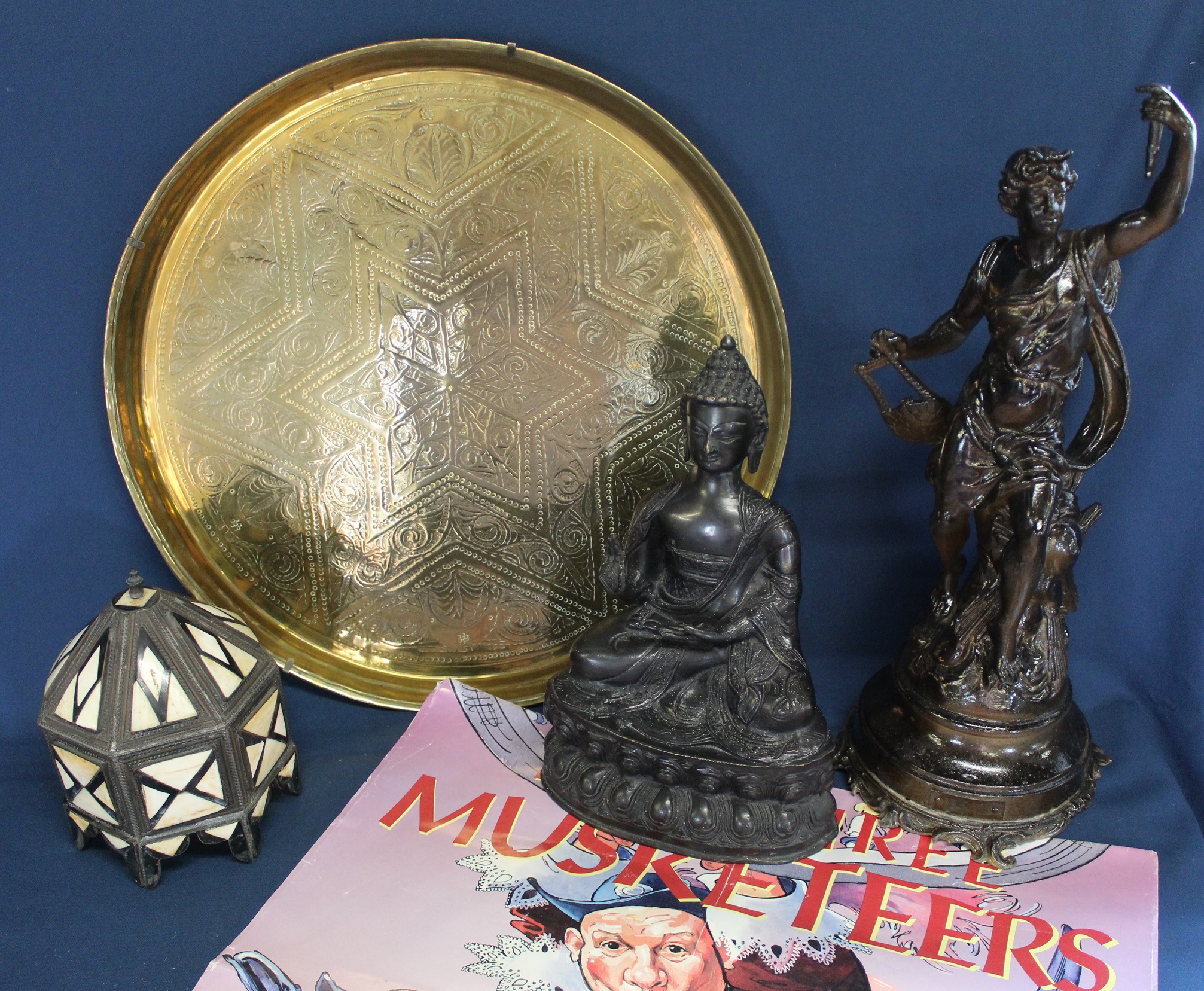 Spelter figure of Le Jour (painted), cast Buddha statue, brass tray, Indian lidded box decorated