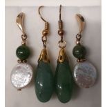 Pair of 9ct gold, jade & pearl drop earrings & pair of jade drop earrings