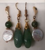 Pair of 9ct gold, jade & pearl drop earrings & pair of jade drop earrings
