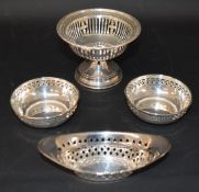 Pierced silver bonbon dish Birmingham 1922, pair of small silver bowls Birmingham 1925 & small