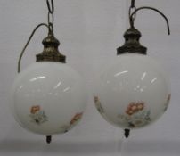 Pair vintage 10" diameter globe opaline and floral deign pendant lights