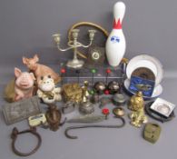 Collection of items includes pig, cow and Buddha ornaments, bacon press, cast metal cow coat hook,